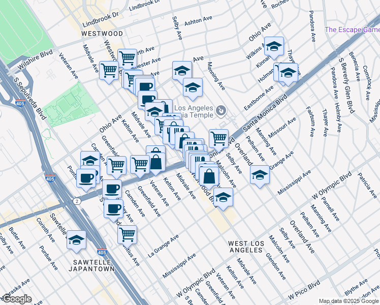map of restaurants, bars, coffee shops, grocery stores, and more near 10857 Santa Monica Boulevard in Los Angeles
