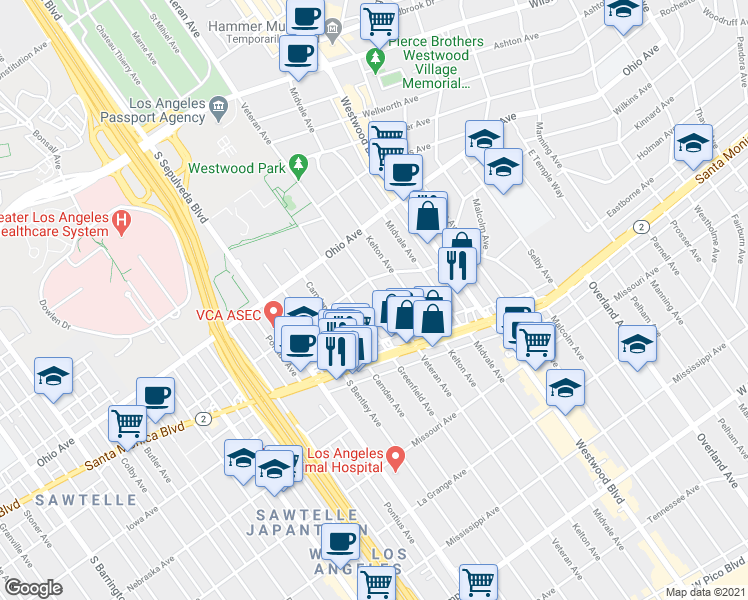map of restaurants, bars, coffee shops, grocery stores, and more near 1641 Veteran Avenue in Los Angeles
