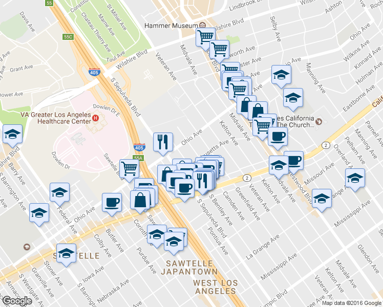 map of restaurants, bars, coffee shops, grocery stores, and more near 11033 Massachusetts Avenue in Los Angeles
