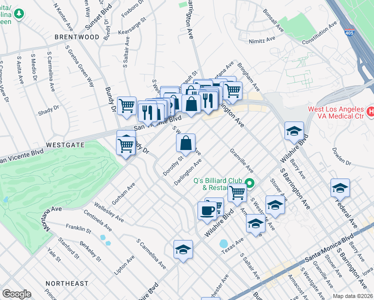 map of restaurants, bars, coffee shops, grocery stores, and more near 11920 Dorothy Street in Los Angeles