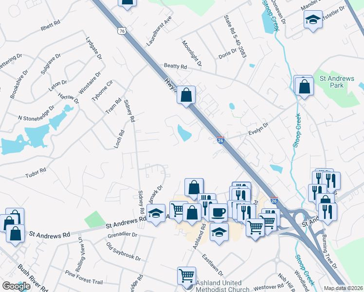 map of restaurants, bars, coffee shops, grocery stores, and more near 175 King George Way in Columbia