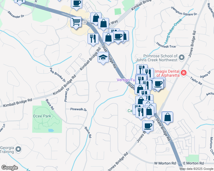 map of restaurants, bars, coffee shops, grocery stores, and more near 115 Braided Blanket Bluff in Alpharetta