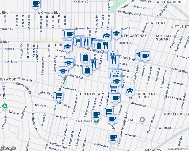 map of restaurants, bars, coffee shops, grocery stores, and more near 1526 South Sherbourne Drive in Los Angeles