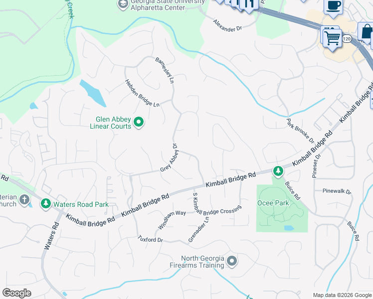 map of restaurants, bars, coffee shops, grocery stores, and more near 10990 Bracebridge Road in Alpharetta