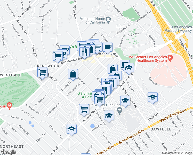 map of restaurants, bars, coffee shops, grocery stores, and more near Granville Avenue & Mayfield Avenue in Los Angeles