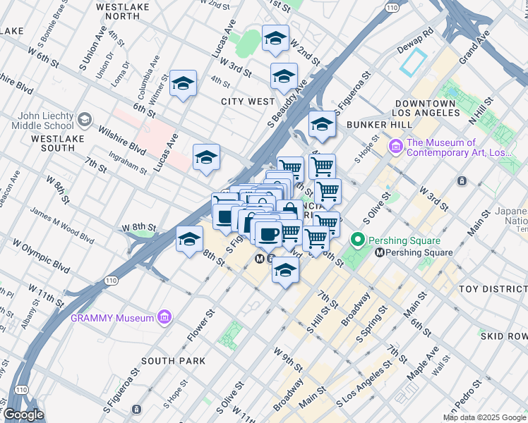 map of restaurants, bars, coffee shops, grocery stores, and more near 616 South Figueroa Street in Los Angeles
