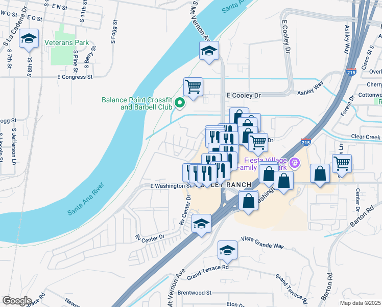 map of restaurants, bars, coffee shops, grocery stores, and more near 1097 South Santo Antonio Drive in Colton