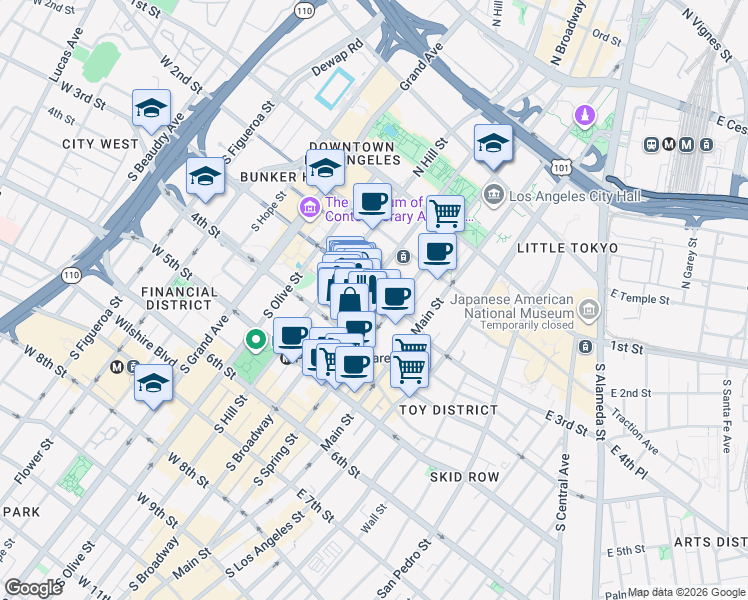 map of restaurants, bars, coffee shops, grocery stores, and more near 304 South Broadway in Los Angeles