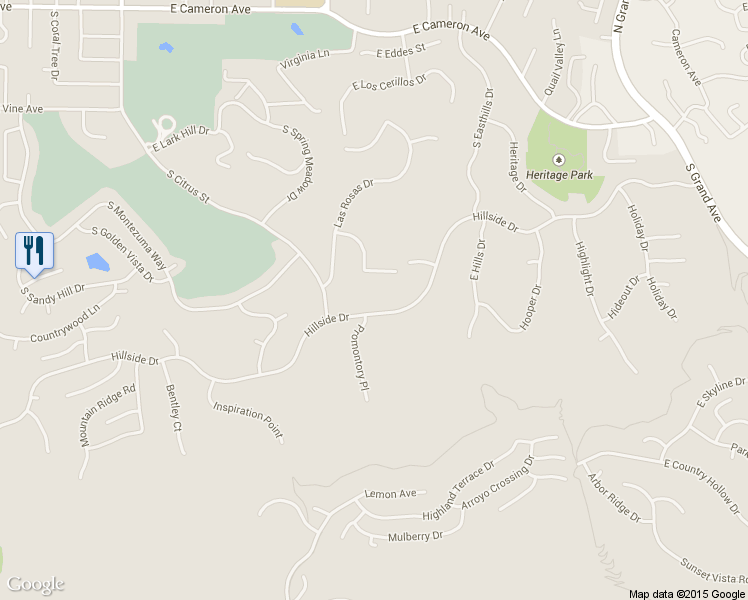 map of restaurants, bars, coffee shops, grocery stores, and more near 3025 Hillside Drive in West Covina