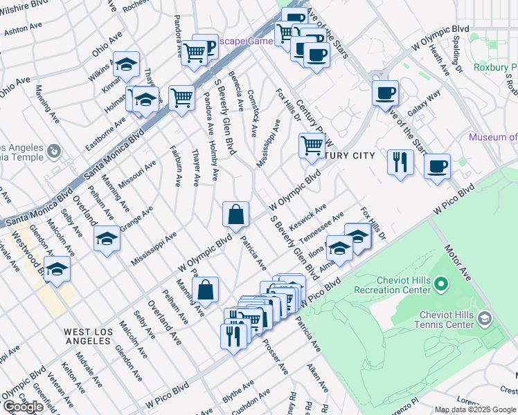 map of restaurants, bars, coffee shops, grocery stores, and more near 2175 South Beverly Glen Boulevard in Los Angeles