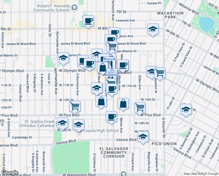 map of restaurants, bars, coffee shops, grocery stores, and more near 1130 Vermont Avenue in Los Angeles
