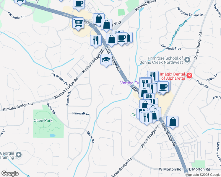 map of restaurants, bars, coffee shops, grocery stores, and more near 115 Braided Blanket Bluff in Alpharetta