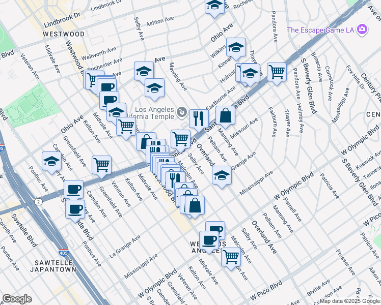 map of restaurants, bars, coffee shops, grocery stores, and more near 10731 Missouri Avenue in Los Angeles