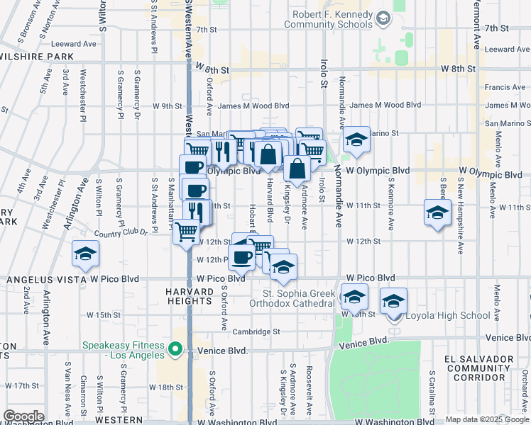 map of restaurants, bars, coffee shops, grocery stores, and more near 1101 South Harvard Boulevard in Los Angeles