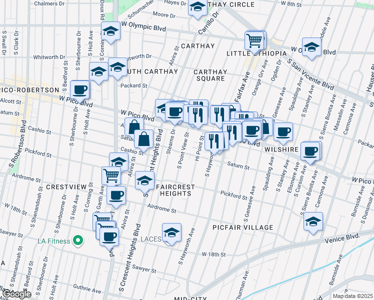 map of restaurants, bars, coffee shops, grocery stores, and more near 5955 Saturn Street in Los Angeles