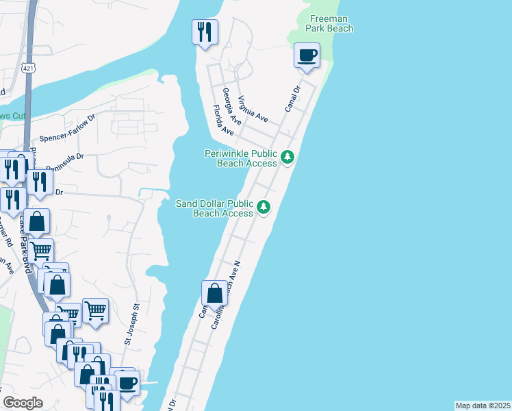 map of restaurants, bars, coffee shops, grocery stores, and more near 1214 Canal Drive in Carolina Beach