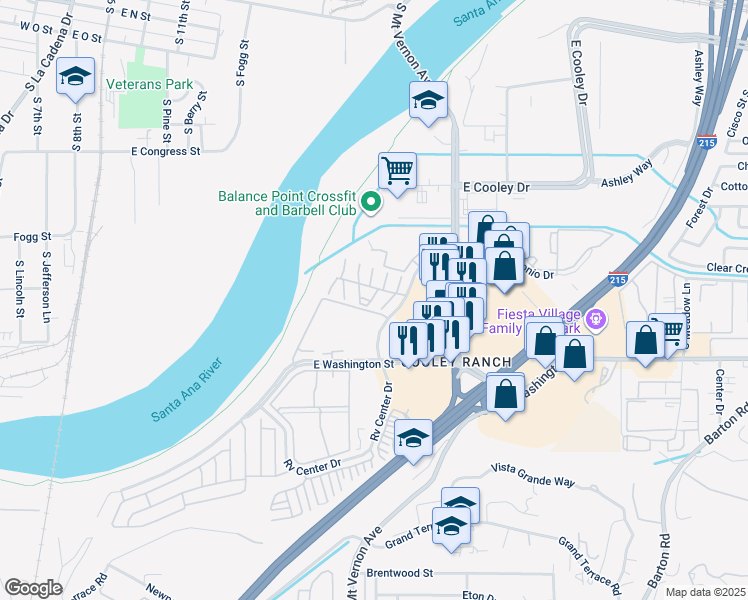 map of restaurants, bars, coffee shops, grocery stores, and more near 29 South Santo Antonio Drive in Colton