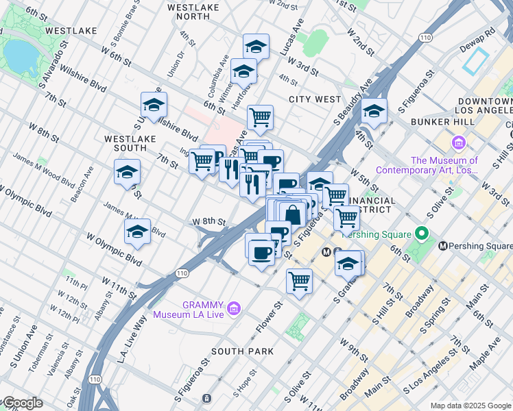 map of restaurants, bars, coffee shops, grocery stores, and more near 1024 West 7th Street in Los Angeles