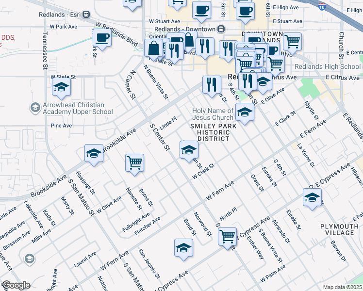 map of restaurants, bars, coffee shops, grocery stores, and more near 132 South Michigan Street in Redlands