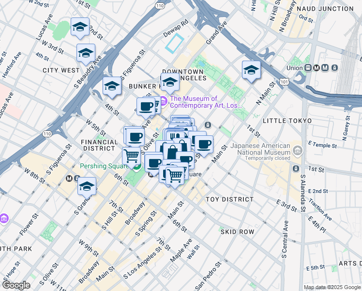 map of restaurants, bars, coffee shops, grocery stores, and more near 351 South Broadway in Los Angeles