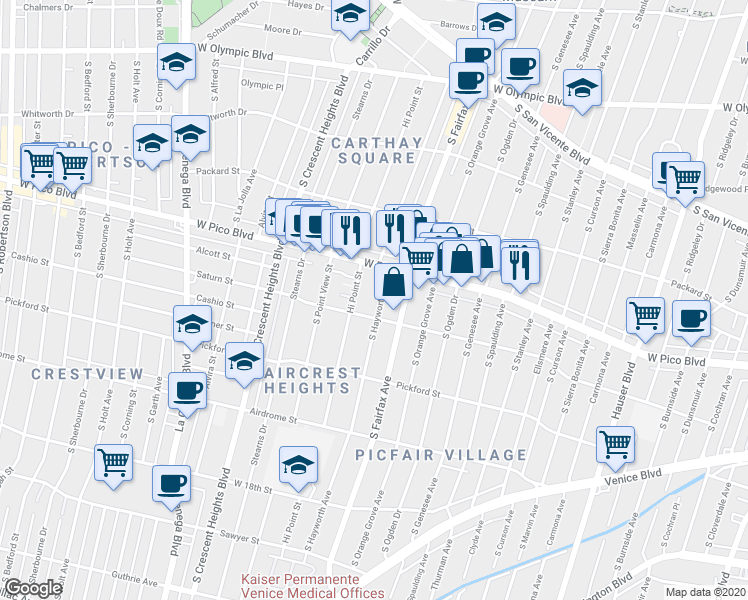 map of restaurants, bars, coffee shops, grocery stores, and more near 1455 South Hayworth Avenue in Los Angeles
