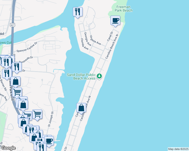 map of restaurants, bars, coffee shops, grocery stores, and more near 1214 Canal Drive in Carolina Beach