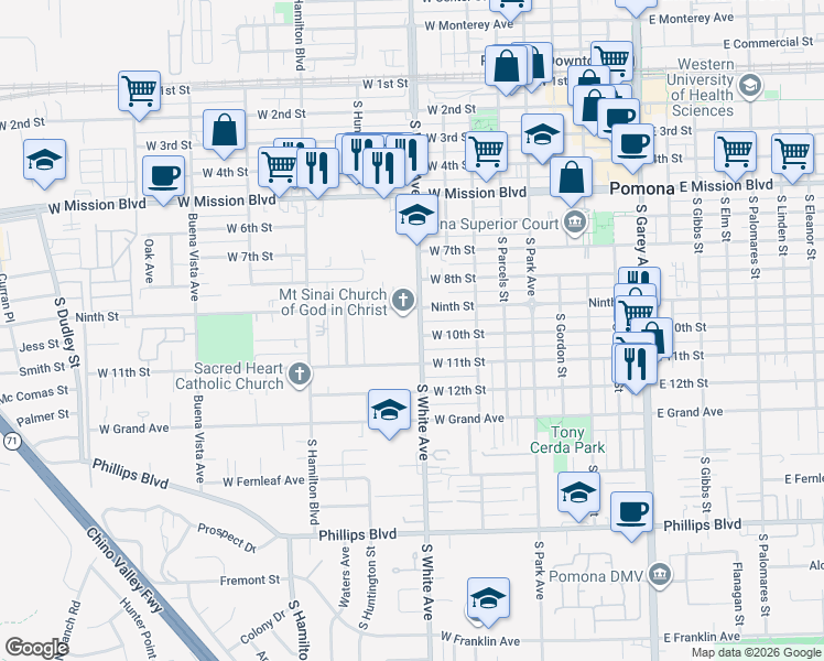 map of restaurants, bars, coffee shops, grocery stores, and more near 991 South White Avenue in Pomona