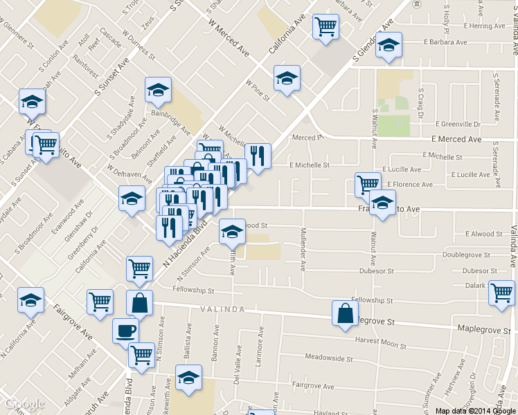 map of restaurants, bars, coffee shops, grocery stores, and more near 15729 Alwood Street in La Puente