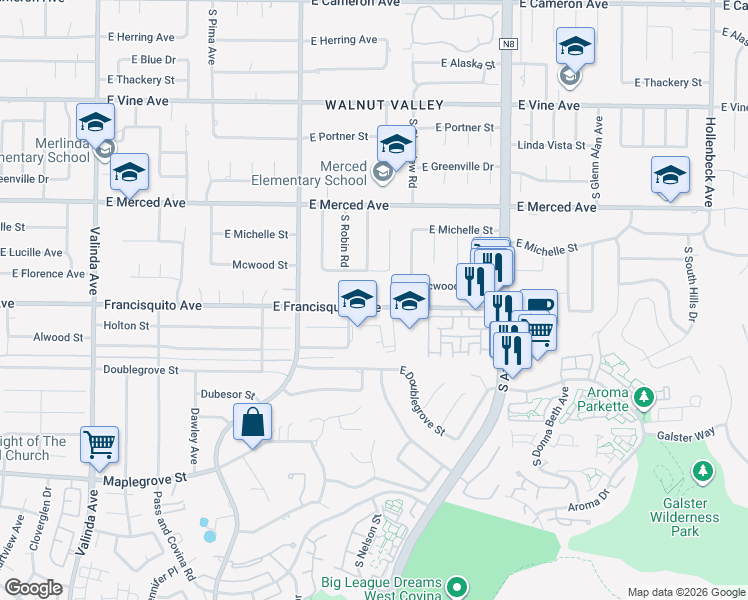 map of restaurants, bars, coffee shops, grocery stores, and more near Francisquito Avenue in West Covina