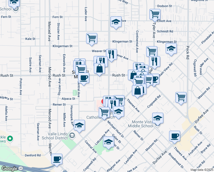 map of restaurants, bars, coffee shops, grocery stores, and more near 1886b Santa Anita Avenue in South El Monte