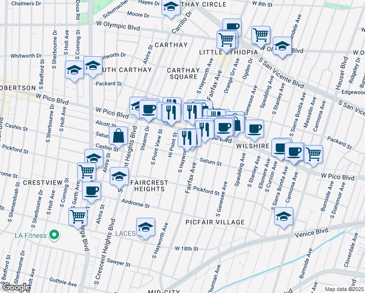 map of restaurants, bars, coffee shops, grocery stores, and more near 1455 South Hayworth Avenue in Los Angeles