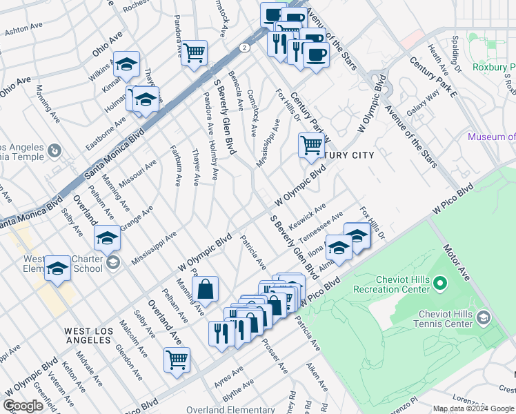 map of restaurants, bars, coffee shops, grocery stores, and more near 2175 South Beverly Glen Boulevard in Los Angeles
