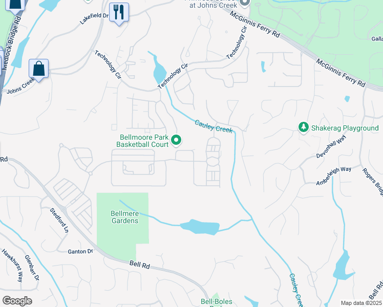 map of restaurants, bars, coffee shops, grocery stores, and more near 6280 Bellmoore Park Lane in Duluth