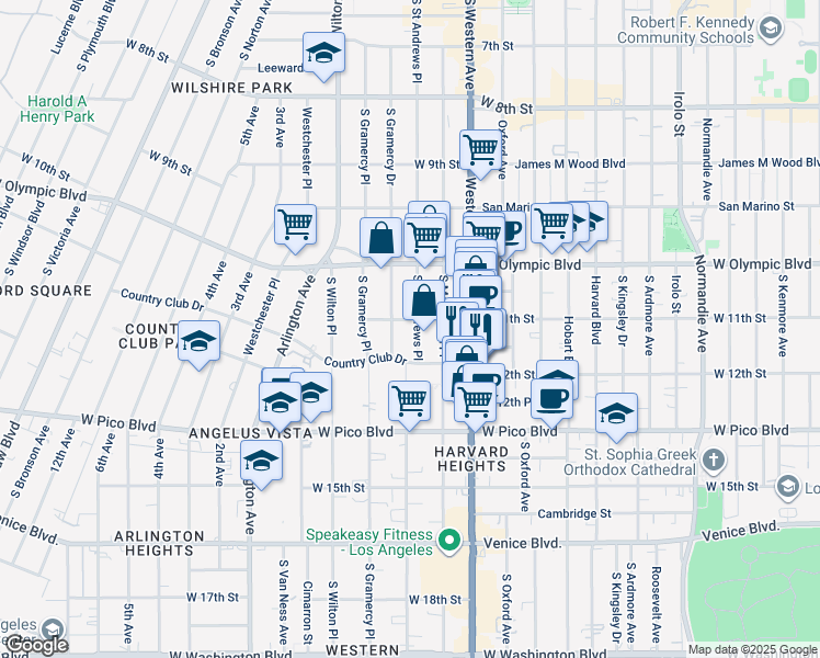 map of restaurants, bars, coffee shops, grocery stores, and more near 1107 South Saint Andrews Place in Los Angeles