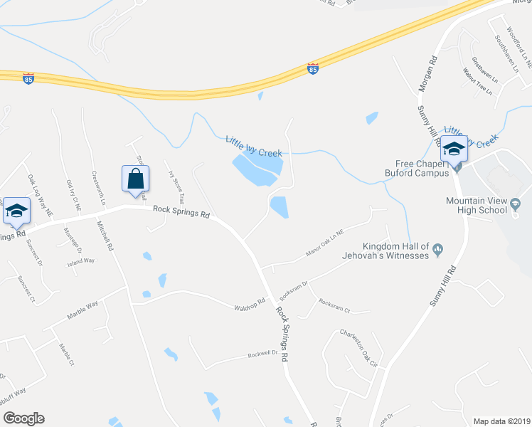 map of restaurants, bars, coffee shops, grocery stores, and more near 2435 Rock Springs Road in Buford