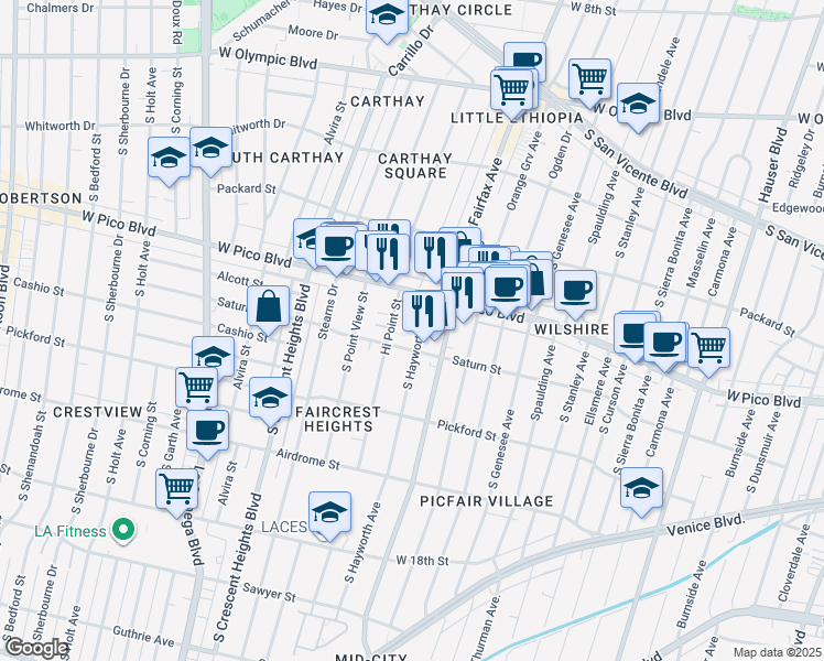 map of restaurants, bars, coffee shops, grocery stores, and more near 1441 South Hayworth Avenue in Los Angeles