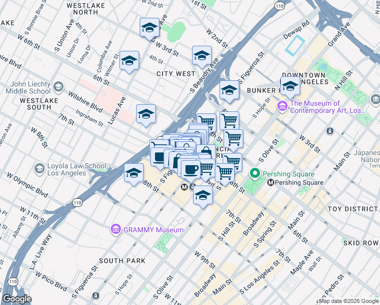 map of restaurants, bars, coffee shops, grocery stores, and more near 888 West 6th Street in Los Angeles