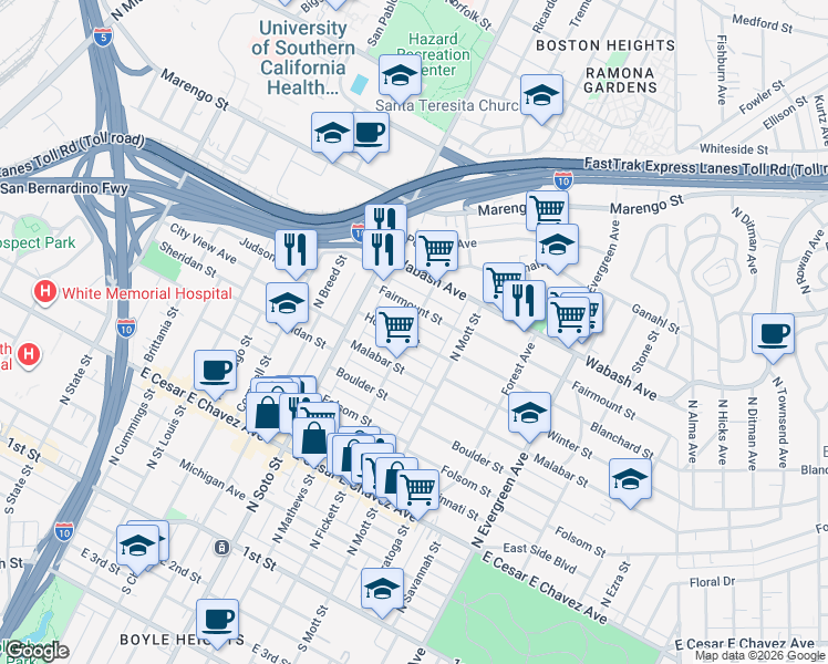 map of restaurants, bars, coffee shops, grocery stores, and more near 2506 Houston Street in Los Angeles