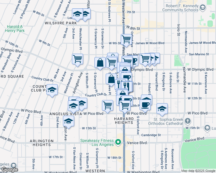 map of restaurants, bars, coffee shops, grocery stores, and more near 1107 South Saint Andrews Place in Los Angeles