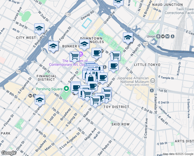 map of restaurants, bars, coffee shops, grocery stores, and more near 333 South Spring Street in Los Angeles