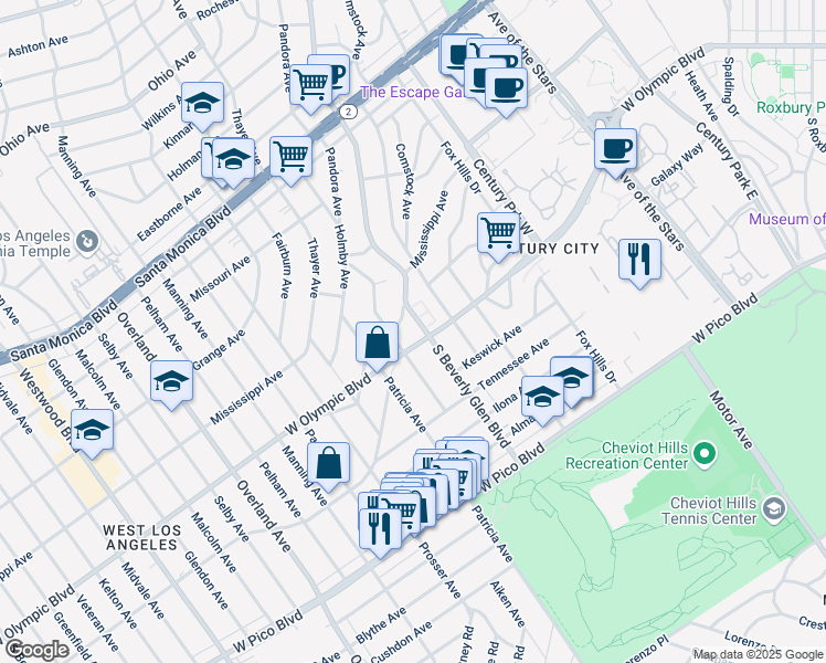 map of restaurants, bars, coffee shops, grocery stores, and more near 2175 South Beverly Glen Boulevard in Los Angeles