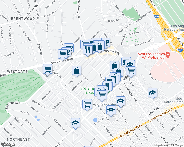 map of restaurants, bars, coffee shops, grocery stores, and more near 11824 Darlington Avenue in Los Angeles