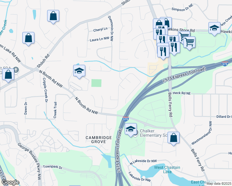 map of restaurants, bars, coffee shops, grocery stores, and more near 4049 Maxanne Drive Northwest in Kennesaw
