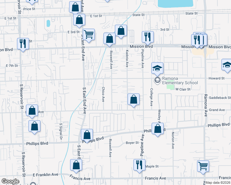 map of restaurants, bars, coffee shops, grocery stores, and more near 11185 Roswell Avenue in Pomona