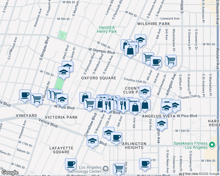 map of restaurants, bars, coffee shops, grocery stores, and more near 1203 South Bronson Avenue in Los Angeles