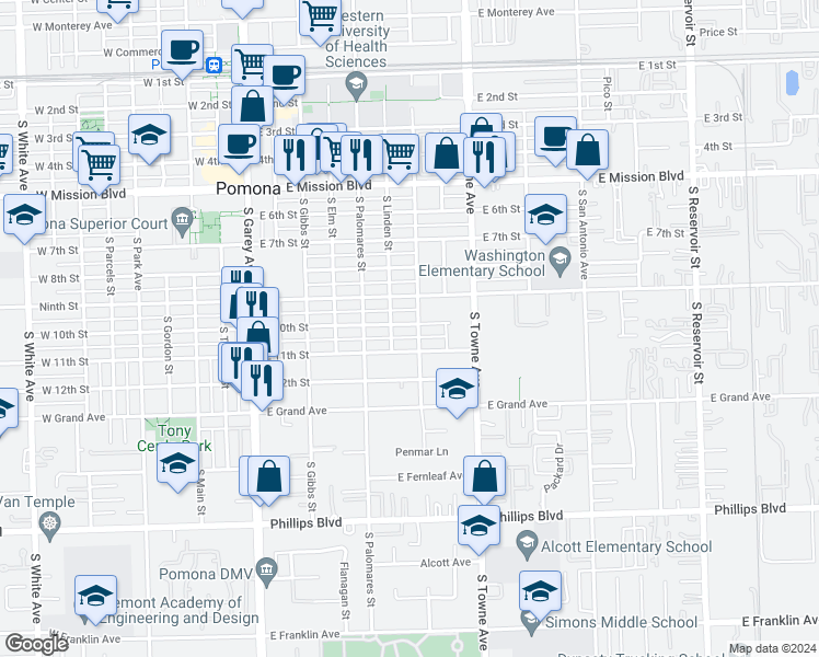 map of restaurants, bars, coffee shops, grocery stores, and more near 676 East 10th Street in Pomona