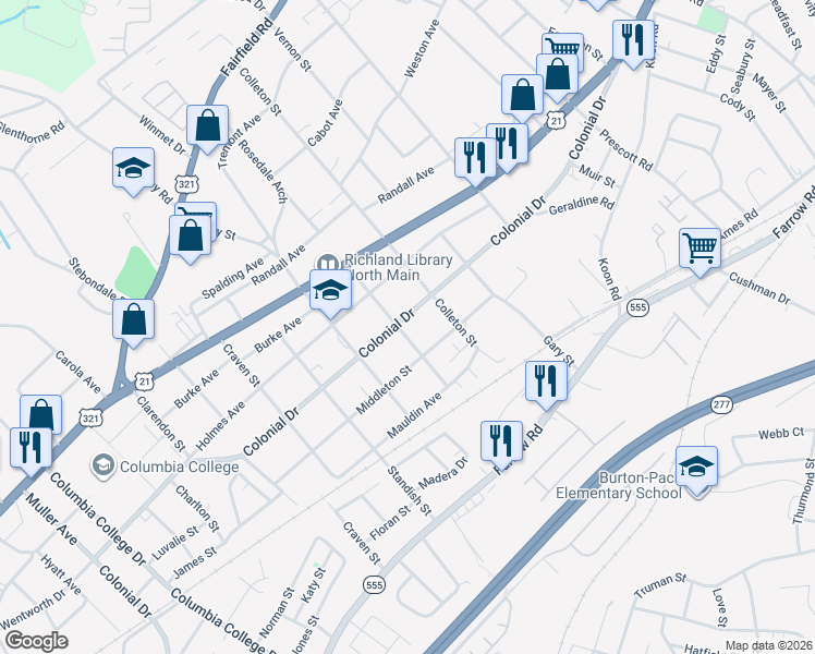 map of restaurants, bars, coffee shops, grocery stores, and more near 5316 Colonial Drive in Columbia