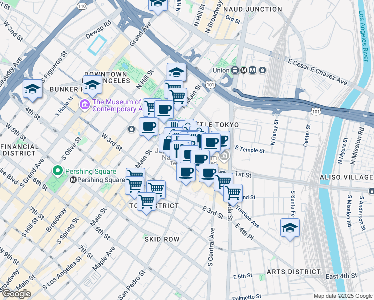 map of restaurants, bars, coffee shops, grocery stores, and more near 118 Astronaut Ellison S Onizuka Street in Los Angeles