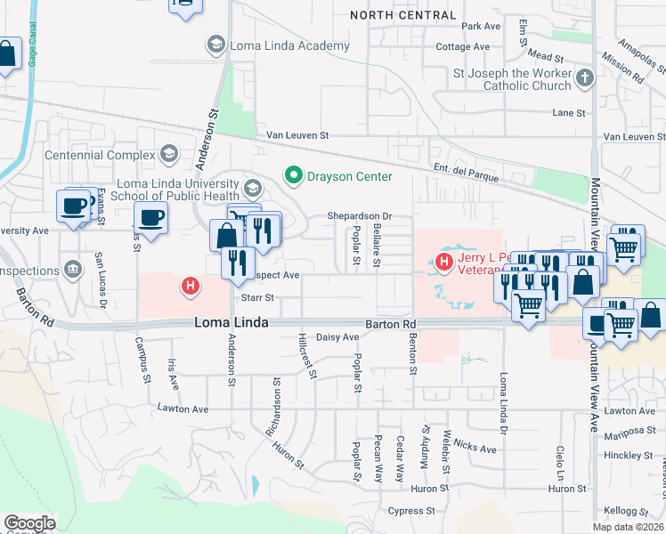 map of restaurants, bars, coffee shops, grocery stores, and more near 11170 Richmont Road in Loma Linda