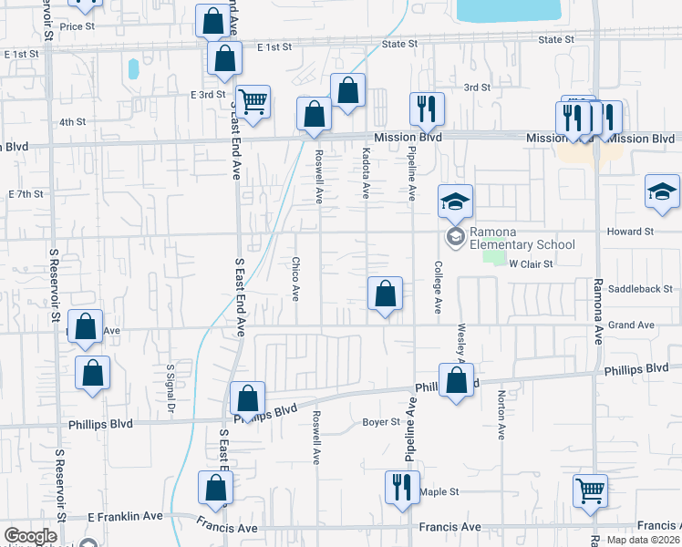 map of restaurants, bars, coffee shops, grocery stores, and more near 11185 Roswell Avenue in Pomona